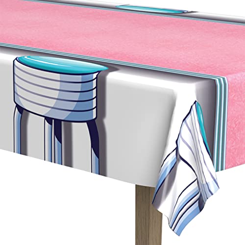Beistle 1950’s Soda Shop Stool Table Cover Supply – Retro, Sock Hop, and Oldies Decor for 50’s Themed and Birthday Parties, 54" x 108", Multicolored (54730)