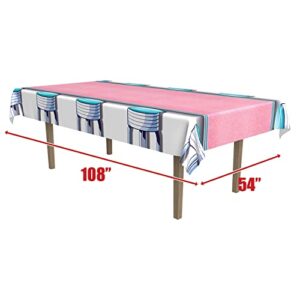 Beistle 1950’s Soda Shop Stool Table Cover Supply – Retro, Sock Hop, and Oldies Decor for 50’s Themed and Birthday Parties, 54" x 108", Multicolored (54730)