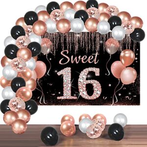 sweet 16th birthday banner decorations with confetti balloon arch garland, rose gold happy 16 birthday backdrop balloon kit party supplies for girls, sixteen year old bday photo booth decor