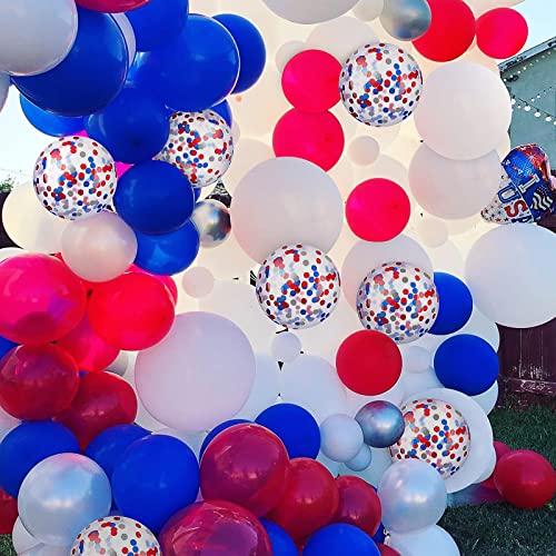 Red White Blue Confetti Balloons Arch Kit, 120 PCS 18in 12in 10in 5in Latex Red White Blue and Confetti Balloons Garland Arches Kit for Anniversary,Super Boy Patriotic Day, Independence Day Decoration