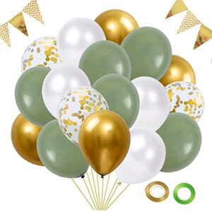 green and gold confetti balloons,50 pack 12 inch sage green gold party balloons for birthday baby shower wedding graduation party decoration with 5ft gold triangle banner