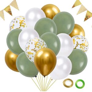 Green and Gold Confetti Balloons,50 Pack 12 Inch Sage Green Gold Party Balloons for Birthday Baby Shower Wedding Graduation Party Decoration with 5ft Gold Triangle Banner