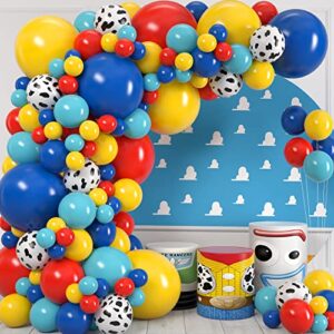 100pcs easy diy – toy story balloons garland kit & arch for toy story birthday party and baby shower decorations – toy story balloons latex with cow pattern for woody and buzz lightyear theme supplies