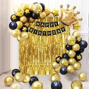 black gold birthday party decoration set, including happy birthday banner, balloons, metallic fringe curtain, flower pompoms, golden crown, suit perfect for girls or boys, men or women birthday party