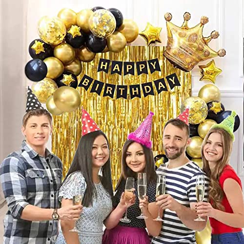 Black Gold Birthday Party Decoration Set, Including Happy Birthday Banner, Balloons, Metallic Fringe Curtain, Flower Pompoms, Golden Crown, Suit Perfect For Girls or Boys, Men or Women Birthday Party