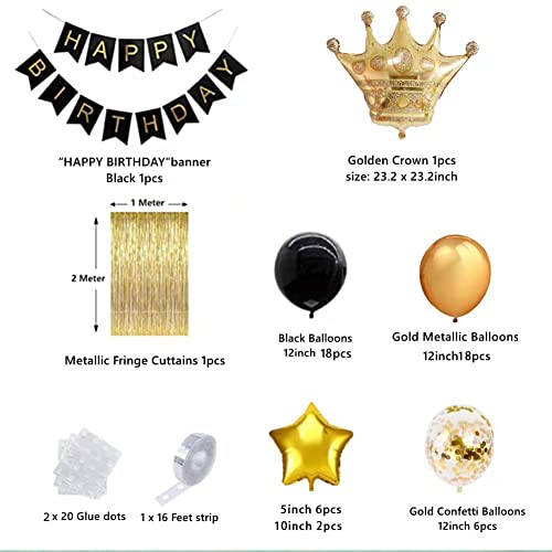 Black Gold Birthday Party Decoration Set, Including Happy Birthday Banner, Balloons, Metallic Fringe Curtain, Flower Pompoms, Golden Crown, Suit Perfect For Girls or Boys, Men or Women Birthday Party