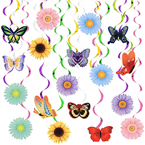 35 Pieces Butterfly Hanging Swirl Decorations and Sun Flowers Hanging Swirl Decorations, Summer Spring Party Hanging Ceiling Wall Decor for Home Baby Shower Birthday Wedding Themed Party Decoration