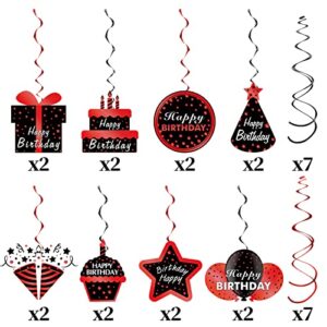 Red and Black Happy Birthday Decorations Hanging Swirls Party Supplies, 30Pcs Red Black Happy Birthday Foil Swirl Decor, 10th 16th 21st 30th 40th 50th 60th Ceiling Hanging Sign Decor