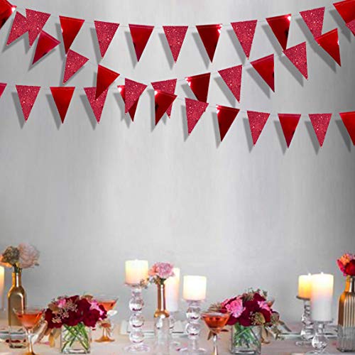 30 Ft Red Party Decorations Double Sided Glitter Metallic Paper Triangle Banner Flag Pennant Bunting for Wedding Engagement Graduation Anniversary Bachelorette Birthday Bridal Shower Party Supplies