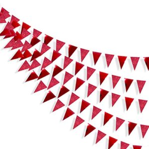 30 ft red party decorations double sided glitter metallic paper triangle banner flag pennant bunting for wedding engagement graduation anniversary bachelorette birthday bridal shower party supplies