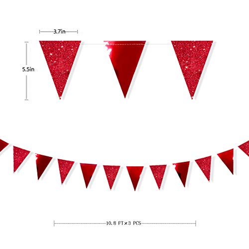 30 Ft Red Party Decorations Double Sided Glitter Metallic Paper Triangle Banner Flag Pennant Bunting for Wedding Engagement Graduation Anniversary Bachelorette Birthday Bridal Shower Party Supplies