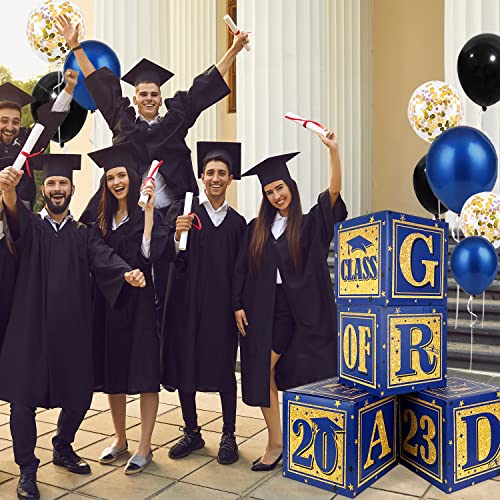 Graduation Card Box - Set of 4 Royal Blue and Gold Balloon Boxes with "GRAD" and"CLASS OF 2023" Letters Graduation Boxs for High School and College Graduation Announcements 2023 Decorations