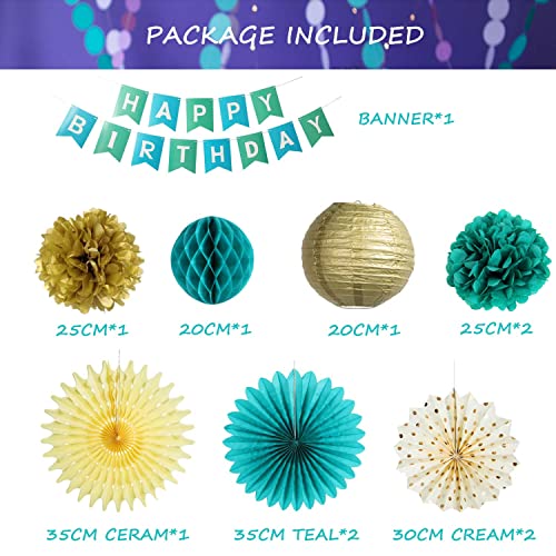 Teal Gold Birthday Party Decorations Teal Paper Fans Teal Gold Happy Birthday Banner Paper Pom Poms Flowers Baby Boy Birthday Baby Shower Women Birthday Turquoise Party Decorations