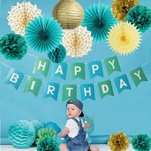 Teal Gold Birthday Party Decorations Teal Paper Fans Teal Gold Happy Birthday Banner Paper Pom Poms Flowers Baby Boy Birthday Baby Shower Women Birthday Turquoise Party Decorations