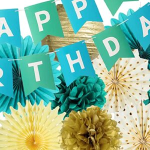 Teal Gold Birthday Party Decorations Teal Paper Fans Teal Gold Happy Birthday Banner Paper Pom Poms Flowers Baby Boy Birthday Baby Shower Women Birthday Turquoise Party Decorations