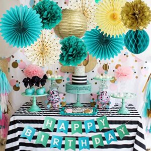 Teal Gold Birthday Party Decorations Teal Paper Fans Teal Gold Happy Birthday Banner Paper Pom Poms Flowers Baby Boy Birthday Baby Shower Women Birthday Turquoise Party Decorations