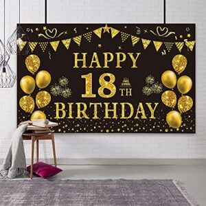 trgowaul 18th birthday decorations for men – black gold 18th birthday backdrop banner 5.9 x 3.6 fts happy 18th birthday decorations for boys photography supplies background birthday party decorations