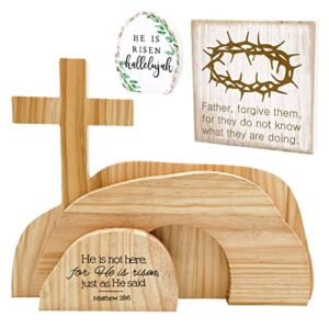 5 pcs easter resurrection scene set he is risen wooden tabletop centerpieces the tomb was empty scene decorations crosses on top of rock signs christian easter decor for jesus easter home table décor