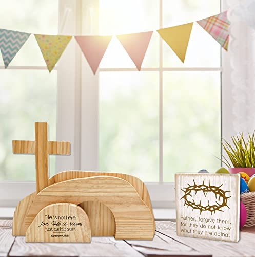 5 Pcs Easter Resurrection Scene Set He is Risen Wooden Tabletop Centerpieces The Tomb Was Empty Scene Decorations Crosses on Top of Rock Signs Christian Easter Decor for Jesus Easter Home Table Décor