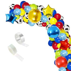 toy story balloon garland arch kit, 106 pcs cow pattern cloud printed colorful latex balloons with balloon strip for toys story birthday or paw birthday party decorations
