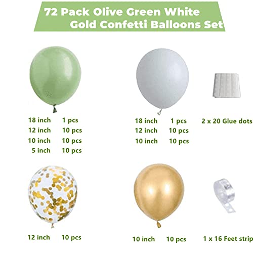 Olive Green Balloon Garland Arch Kit, White Gold Confetti Balloons Green Balloon and Gold Metallic Chrome Latex Balloons Set for Wedding Birthday Party Baby Shower Party Background Decoration