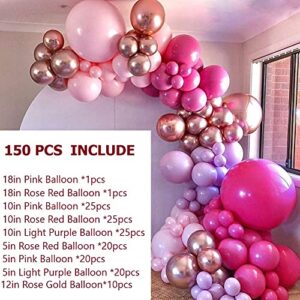 ONANA Hot Pink Balloon Garland Arch Kit, 150Pcs Pink Rose Gold Chrome Balloons for Birthday Wedding Party Balloons Decorations, Baby Shower Decorations for Girl