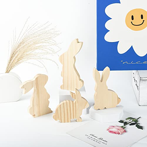 4Pcs Easter Wooden Bunny Cutouts Unfinished Bunny Tiered Tray Decor Large Wood Bunny Table Wooden Signs Easter Spring Ornament for DIY Craft Party Desk Office Home Classroom Decor