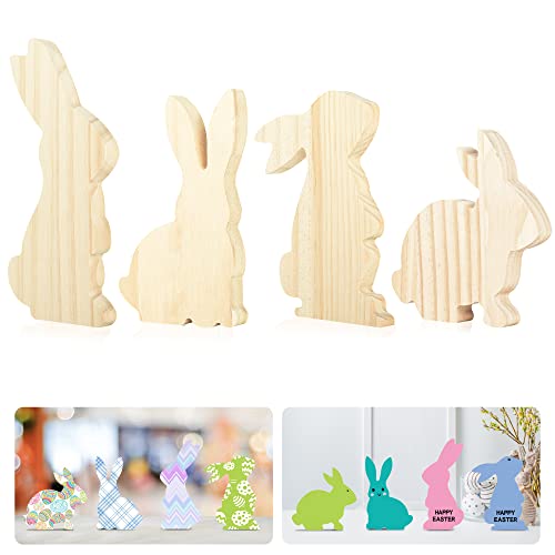 4Pcs Easter Wooden Bunny Cutouts Unfinished Bunny Tiered Tray Decor Large Wood Bunny Table Wooden Signs Easter Spring Ornament for DIY Craft Party Desk Office Home Classroom Decor