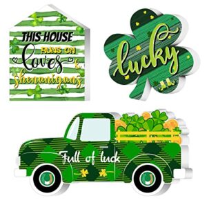 3 pcs st. patrick’s day table wooden signs st. patrick’s table decoration lucky sign shamrocks green truck irish themed table centerpiece for st. patrick’s day party home table decor (novelty style)