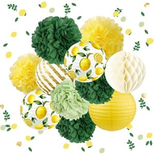 aobkiat wedding party decorations set, 12 pcs yellow green white lemon pattern paper lanterns and pom poms flowers with lemon confetti for neutral baby shower, vintage party, birthday, bridal showers