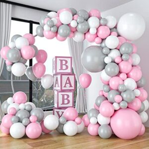 grey and pink balloon garland arch kit, 113pcs grey pink white latex balloons for baby shower wedding birthday graduation anniversary bachelorette party background decoration