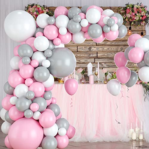 Grey and Pink Balloon Garland Arch Kit, 113Pcs Grey Pink White Latex Balloons for Baby Shower Wedding Birthday Graduation Anniversary Bachelorette Party Background Decoration