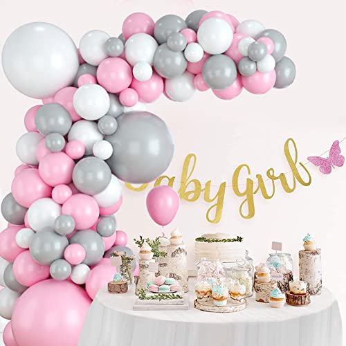 Grey and Pink Balloon Garland Arch Kit, 113Pcs Grey Pink White Latex Balloons for Baby Shower Wedding Birthday Graduation Anniversary Bachelorette Party Background Decoration