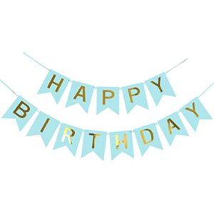 teal happy birthday banner with shiny gold letters, swallowtail design hanging signs party decorations