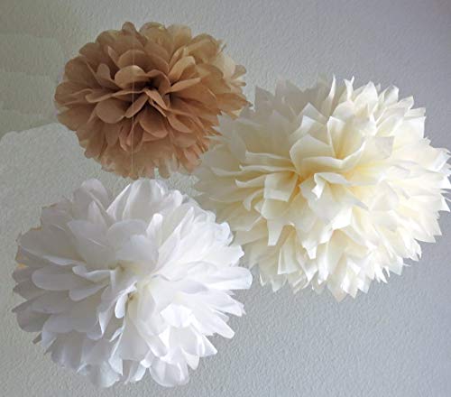 12PCS Mixed Cream Tan Brown White Paper Flowers - Fluffy Tissue Paper Pom Poms - Hanging Flower Ball for Baby Shower Decorations, Wedding Decor, Birthday Party Celebration