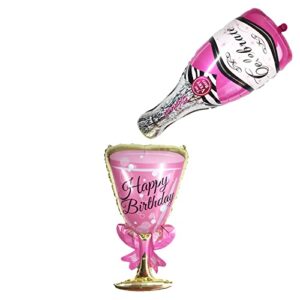 2 pcs happy birthday champagne bottle and goblet wine glass large mylar foil balloons 36in, pink pop decoration for party, ceremony, camping, anniversary graduation（z14）