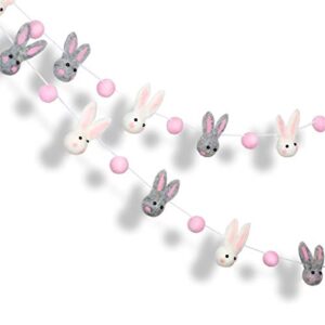 pinkblume easter felt garland wool rabbit pom pom banner,handmade bunny ball garland for easter holiday baby shower/some bunny is one/nursery decorations/wall hanging decor(white/pink/grey)
