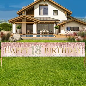 happy 18th birthday banner decorations for girls, pink rose gold happy 18 birthday yard banner sign party supplies, large eighteen years old birthday décor for outdoor indoor(9.8×1.6ft)
