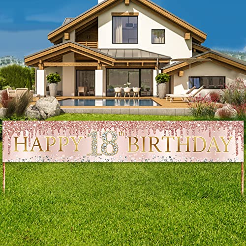 Happy 18th Birthday Banner Decorations for Girls, Pink Rose Gold Happy 18 Birthday Yard Banner Sign Party Supplies, Large Eighteen Years Old Birthday Décor for Outdoor Indoor(9.8x1.6ft)