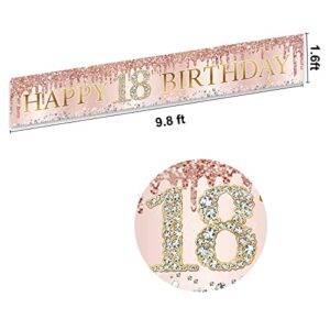 Happy 18th Birthday Banner Decorations for Girls, Pink Rose Gold Happy 18 Birthday Yard Banner Sign Party Supplies, Large Eighteen Years Old Birthday Décor for Outdoor Indoor(9.8x1.6ft)