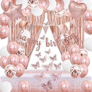 rose gold birthday decorations, happy birthday banner rose gold, rose gold balloons, rose gold tablecloth fringe curtains, pennant banner and 3d butterfly stickers for women girls birthday party supplies