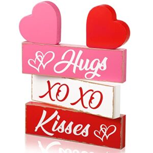 5 pcs valentine’s day decorations wooden heart blocks signs hugs kisses valentines sign decorations gift tiered tray decor wood heart shape wedding decorations for home farmhouse (heart)