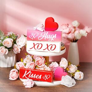 5 Pcs Valentine's Day Decorations Wooden Heart Blocks Signs Hugs Kisses Valentines Sign Decorations Gift Tiered Tray Decor Wood Heart Shape Wedding Decorations for Home Farmhouse (Heart)