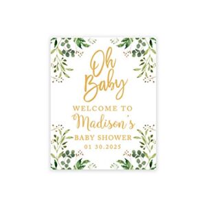 andaz press custom large baby shower canvas welcome sign, 16 x 20 inches, gold and greenery leaf foliage, guestbook alternative, personalized sign our canvas, for greenery baby shower, baby sprinkle