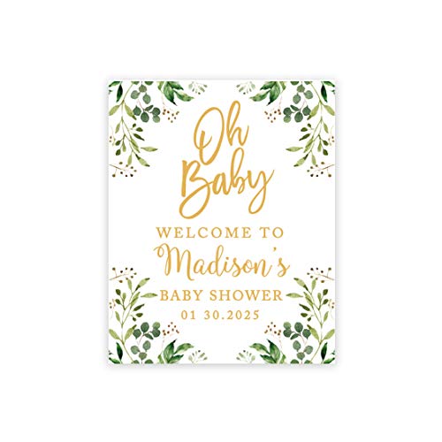 Andaz Press Custom Large Baby Shower Canvas Welcome Sign, 16 x 20 Inches, Gold and Greenery Leaf Foliage, Guestbook Alternative, Personalized Sign Our Canvas, for Greenery Baby Shower, Baby Sprinkle