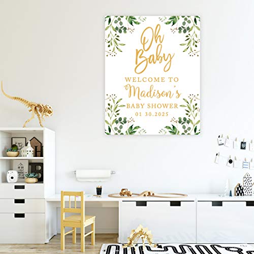 Andaz Press Custom Large Baby Shower Canvas Welcome Sign, 16 x 20 Inches, Gold and Greenery Leaf Foliage, Guestbook Alternative, Personalized Sign Our Canvas, for Greenery Baby Shower, Baby Sprinkle