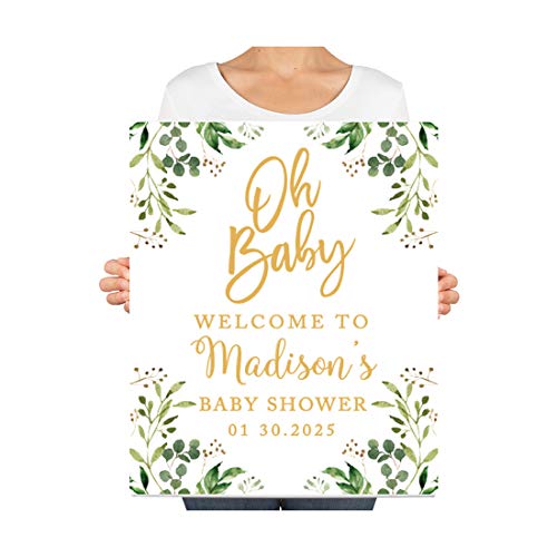 Andaz Press Custom Large Baby Shower Canvas Welcome Sign, 16 x 20 Inches, Gold and Greenery Leaf Foliage, Guestbook Alternative, Personalized Sign Our Canvas, for Greenery Baby Shower, Baby Sprinkle