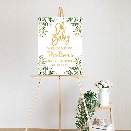 Andaz Press Custom Large Baby Shower Canvas Welcome Sign, 16 x 20 Inches, Gold and Greenery Leaf Foliage, Guestbook Alternative, Personalized Sign Our Canvas, for Greenery Baby Shower, Baby Sprinkle