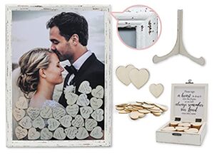 pmpx wedding guest book alternative vintage drop top frame with stand, 90 wood hearts, matching box with message inside the lid. weddings, bridal or baby shower, anniversary, or special event.
