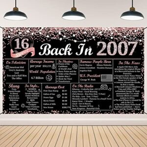 vlipoeasn sweet 16 birthday decorations for girls, rose gold and black glitter back in 2007 birthday backdrop banner, 70.86 x 43.3inch pink 16 years old party poster supplies